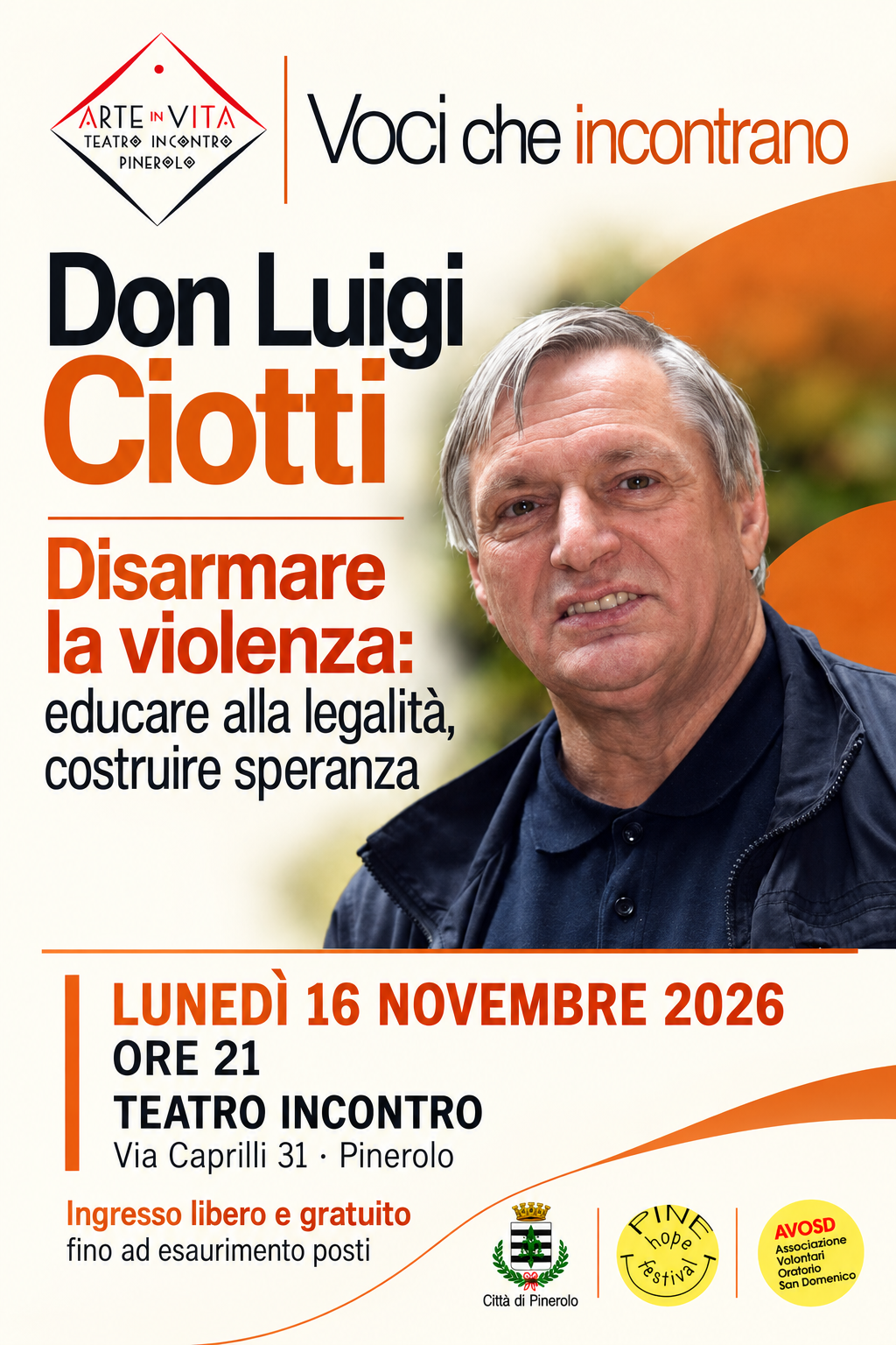 Don Luigi Ciotti, ospite della rassegna Voci che incontrano di ArteInVita