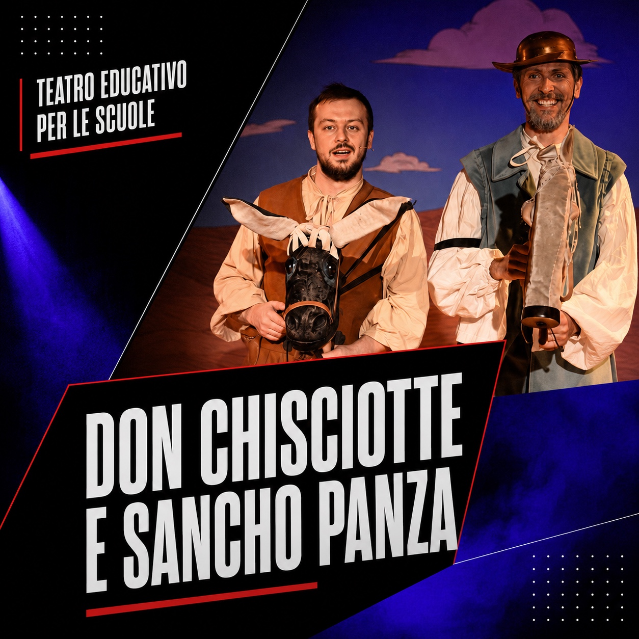 Grafica di Don Chisciotte e Sancho Panza per il teatro educativo nelle scuole